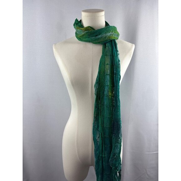 Women’s Green, Blue, & Teal Tasseled Knit & Mesh Scarf - Picture 2 of 6
